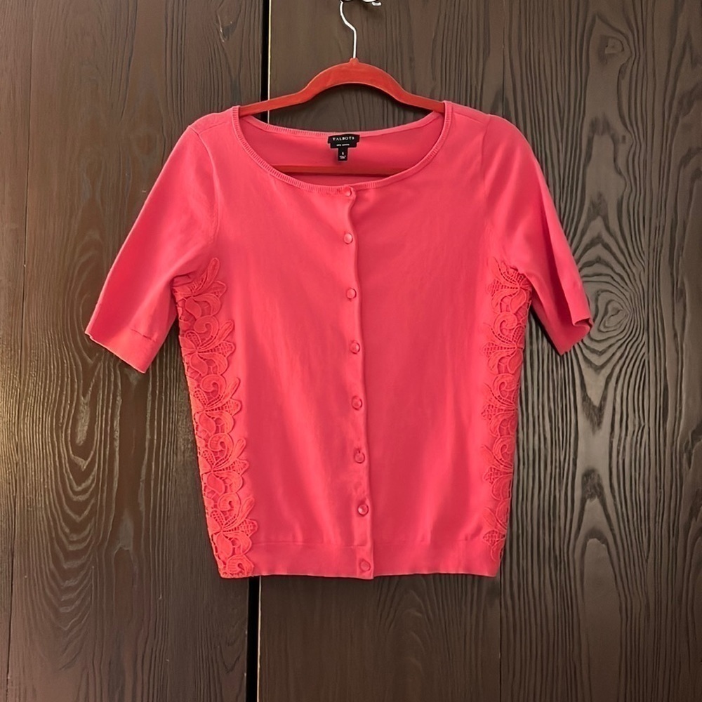 Talbot’s Pima cotton short sleeved dark rose colored sweater with crochet. S